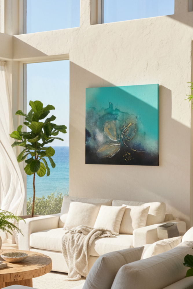 A modern living room with a white sectional sofa, a round wooden coffee table, and a colorful abstract painting on the wall, set against a high-ceilinged room with large windows overlooking the ocean.