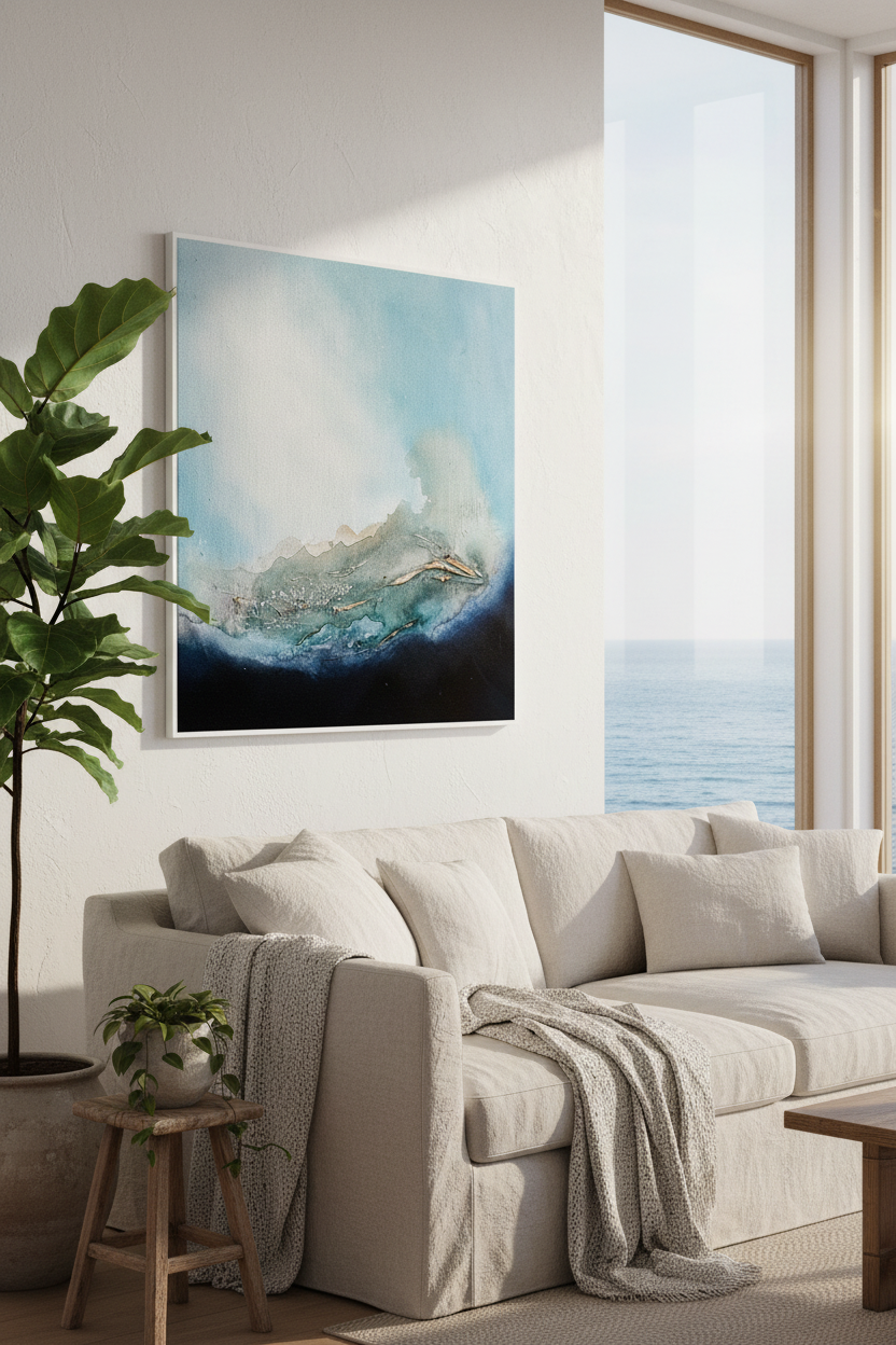 An abstract coastal landscape painting in shades of blue, white, and black hangs on a light wall above a beige sofa in a modern living room setting.