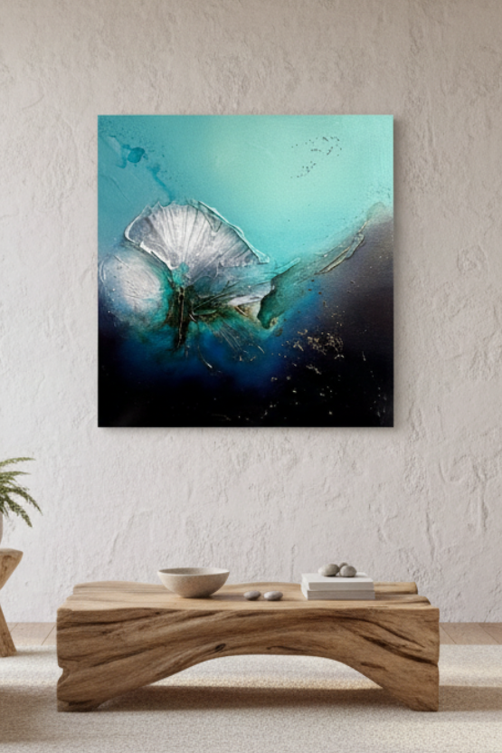 An abstract square canvas art print featuring teal, blue, and black tones with a central white shell-like motif, displayed on a textured white wall in a modern, sunlit living room with beige armchairs and a wooden coffee table.