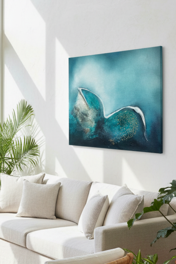 A modern living room with a white sofa, wicker chairs, potted plants, and a large abstract wall art piece featuring teal and blue tones, set against a bright white wall with a window overlooking the ocean.