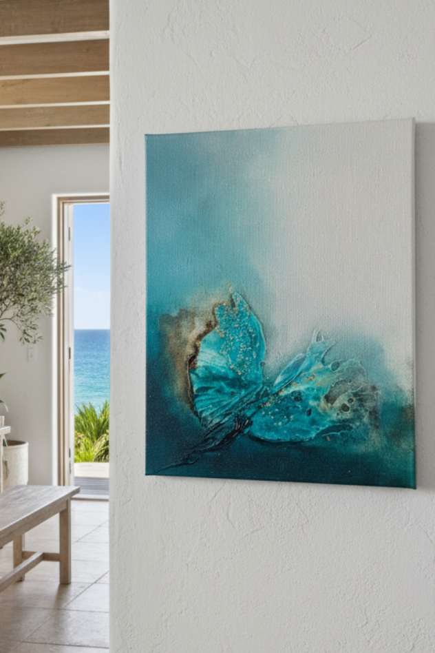 An abstract canvas wall art print featuring teal, turquoise, and blue butterfly-like forms on a white background, displayed on a textured white wall in a bright, modern interior with wooden ceiling beams and a dining area visible in the background.
