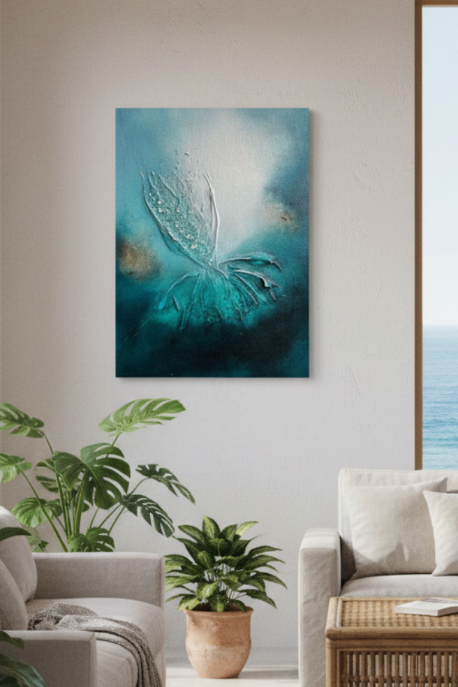 A vertical canvas art print featuring a teal and blue butterfly design, displayed on a light beige wall in a modern, sunlit living room with a sofa, plants, and a view of the ocean.