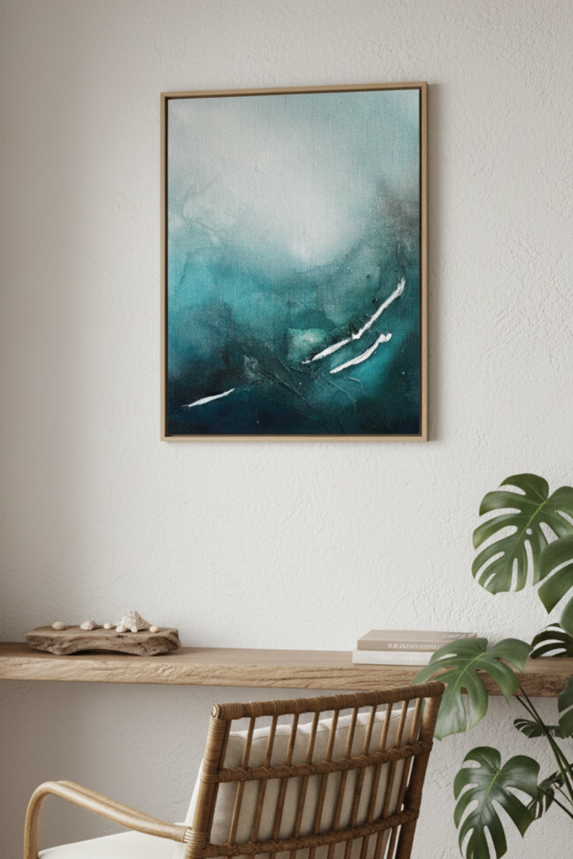 A framed abstract art print featuring teal, blue, and white brushstrokes, displayed on a light beige wall above a wooden console table, a rattan armchair with a white cushion, and a potted green plant.