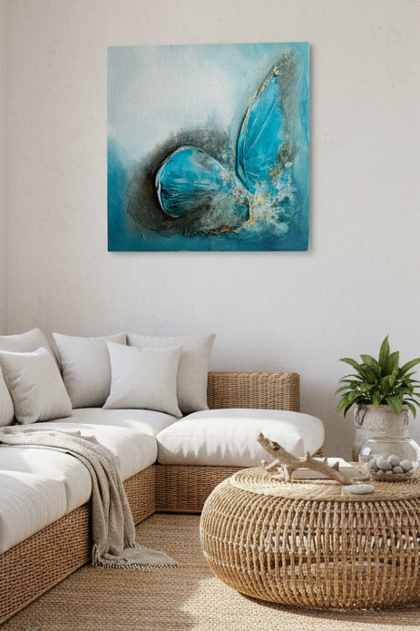 A square abstract canvas print featuring vibrant turquoise and blue ocean waves, displayed on a white wall in a modern, sunlit beach-view living room with a wicker sectional sofa and a round woven coffee table.