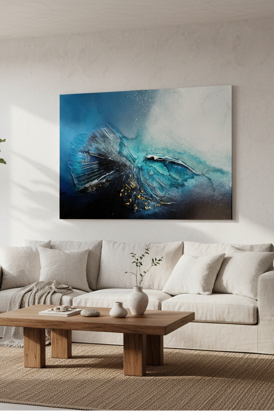 A landscape abstract canvas print with blue, teal, and white brushstrokes hangs on a light beige wall above a modern white sofa in a bright, minimalist living room with potted plants and a wooden coffee table.