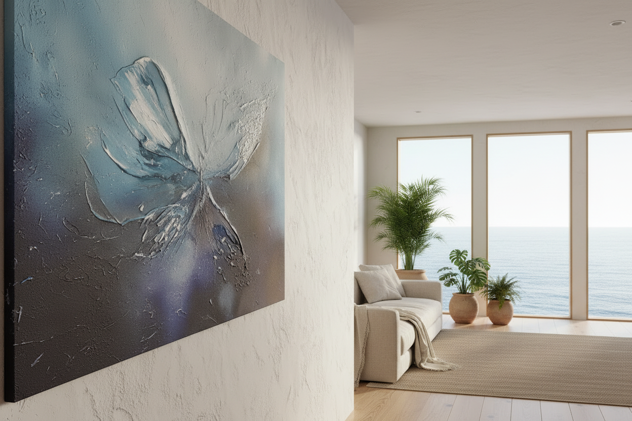 A large abstract canvas painting with blue, gray, and white tones hangs on a textured white wall in a bright, modern living room with a sofa, potted plants, and large windows overlooking the ocean.