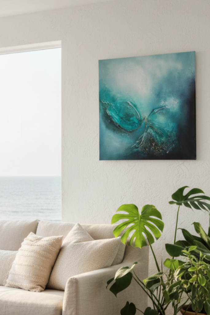 A modern living room scene featuring a beige slipcovered sofa with neutral pillows, several potted green plants in terracotta pots, and a square abstract wall art print with teal, blue, and black tones hanging on the wall above the couch.