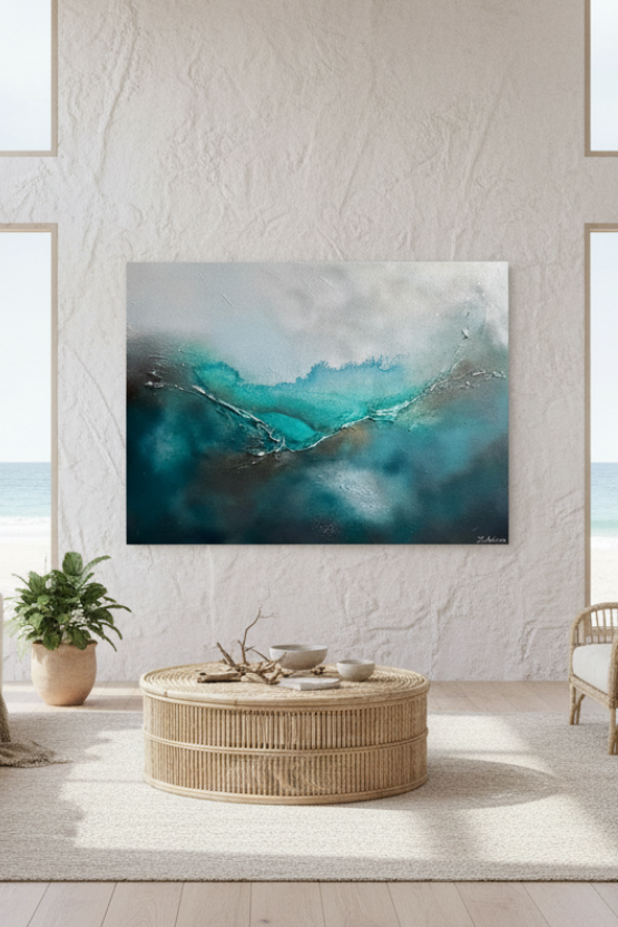 A large square abstract wall art print featuring teal, turquoise, and gray water-like waves, displayed in a bright, modern living room with a beige sofa, rattan chairs, and a round coffee table.