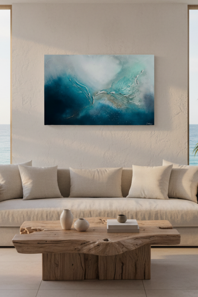 An abstract canvas print featuring shades of teal, blue, and white, displayed on a beige wall above a modern light beige sofa in a bright, minimalist living room with a wooden coffee table and large windows overlooking the ocean.