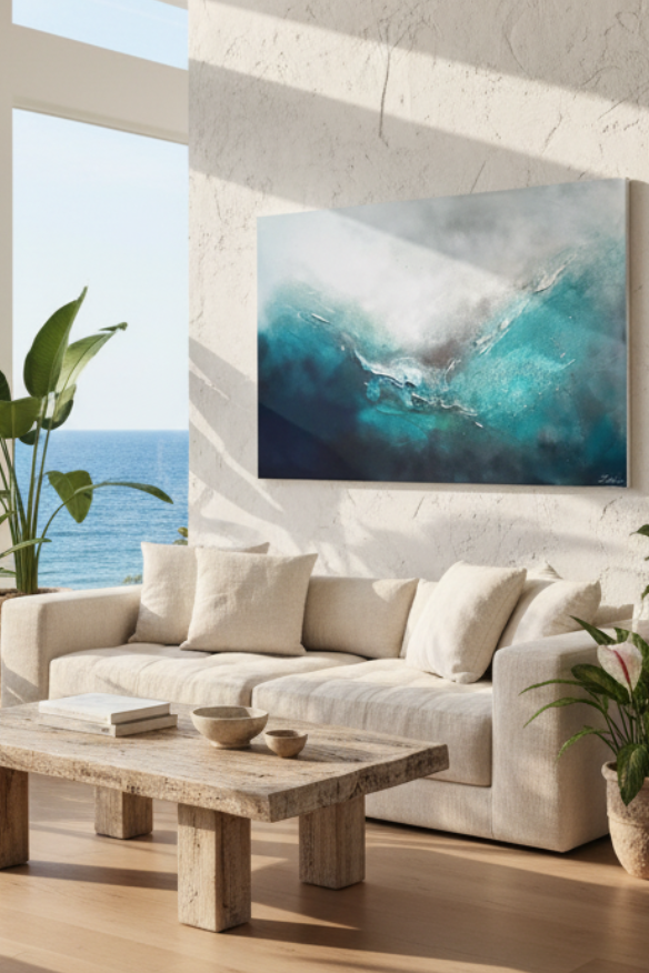A modern living room with a large abstract ocean wave painting on the wall, featuring a white sofa, wooden coffee table, and multiple potted plants overlooking a blue ocean view.