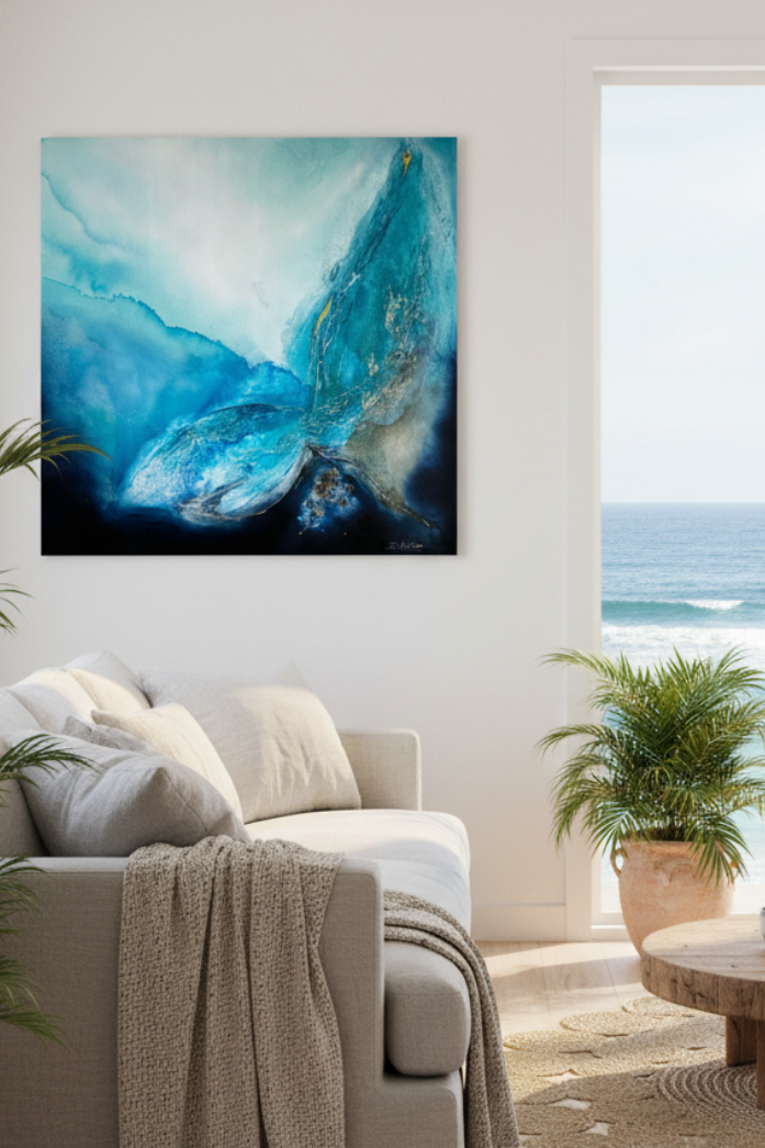 A square abstract canvas print featuring vibrant blue and teal waves, displayed on a white wall in a modern, sunlit living room with a sofa, potted plants, and a view of the ocean through a large window.