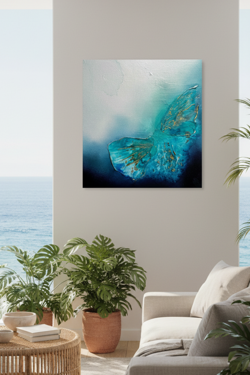 Abstract canvas wall art featuring a textured turquoise and deep blue butterfly design, displayed in a modern, sunlit living room with a sofa, potted plants, and an ocean view.