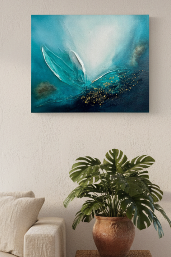A square abstract painting of a whale in deep blue and teal ocean waters, displayed on a beige wall in a modern living room setting with a sofa, side table, potted plant, and windows overlooking the beach.