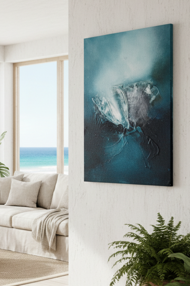 A vertical canvas wall art print featuring an abstract blue and white wave design, displayed in a bright, modern living room setting with a sofa, potted plants, and large windows overlooking the ocean.