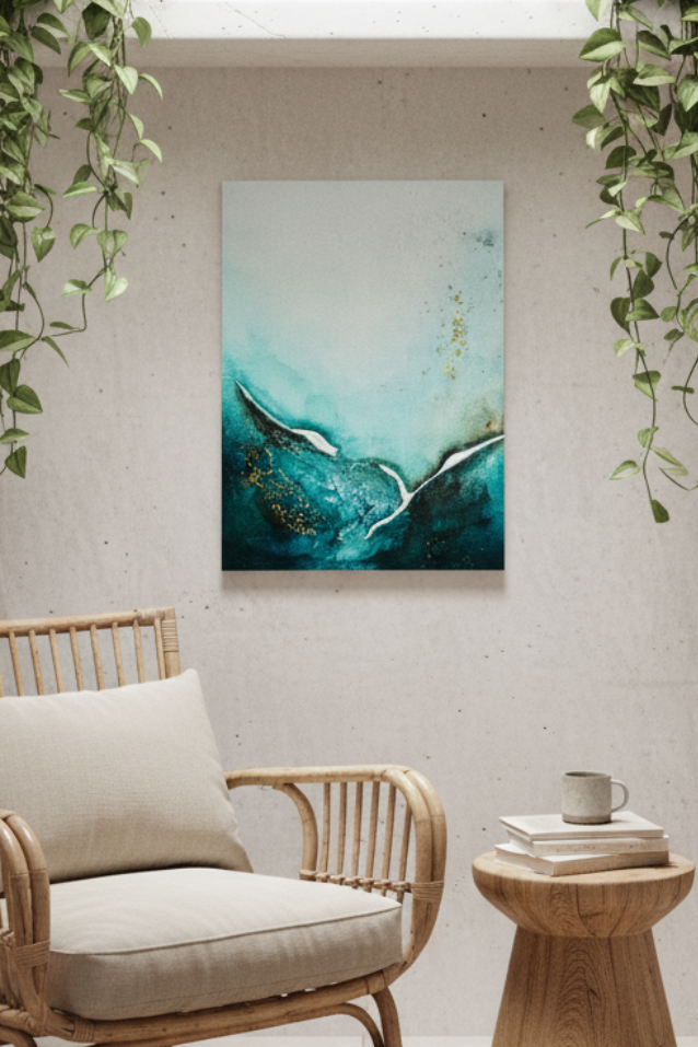 An abstract canvas painting with teal, blue, and white tones hangs on a textured white wall in a bright, modern room. A woven rattan armchair with a cream cushion sits below the artwork, alongside a small wooden side table with a cup and books.