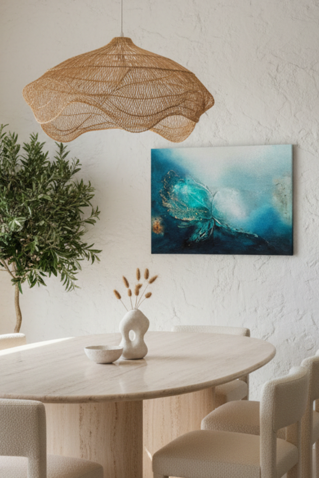 A modern dining room scene with a round light wood table and six cream upholstered chairs, under a woven wicker pendant light. A large potted green tree stands near a window opening that looks out to the blue ocean.