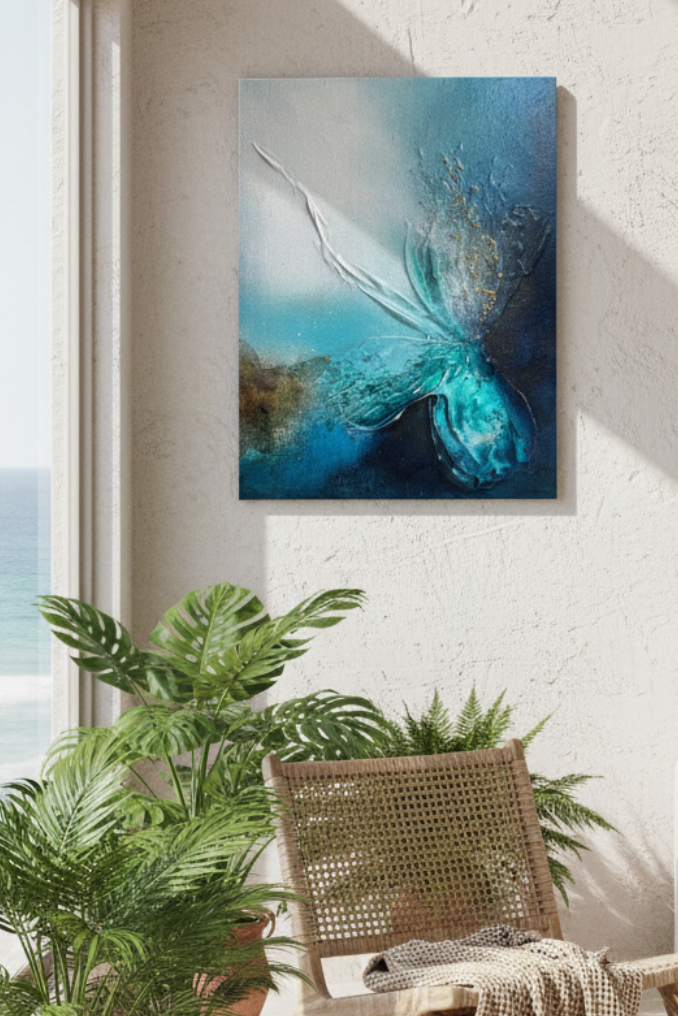 An abstract blue and teal canvas wall art print hangs on a textured beige wall in a bright, modern room with a rattan chair, potted plants, and a view of the ocean.