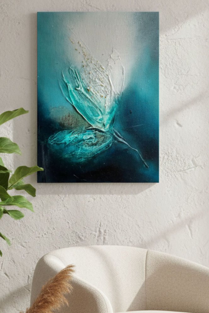 A vertical abstract canvas print featuring teal, blue, and white brushstrokes, displayed on a textured white wall above a modern cream-colored armchair in a bright, contemporary room.