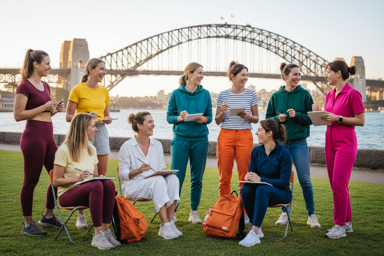 Group of women at Milsons Point with Sydney Harbour Bridge